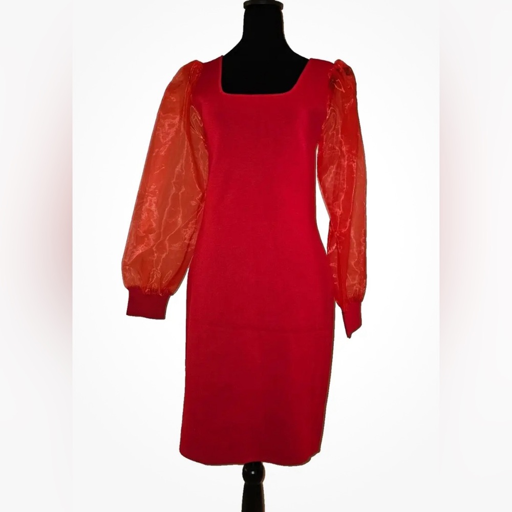 House of Harlow 1960 Red Knit Sheath Dress Sheer Organza Puff Sleeve Mini Small